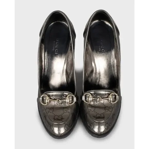 Gucci Silver Embossed Leather Wedge Sandals Sz.35 - Picture 2 of 5